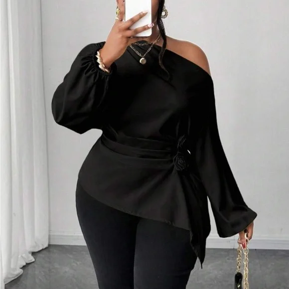 Plus Size Asymmetrical Off Shoulder Top Blouse Shirt Pink - Picture 6 of 16